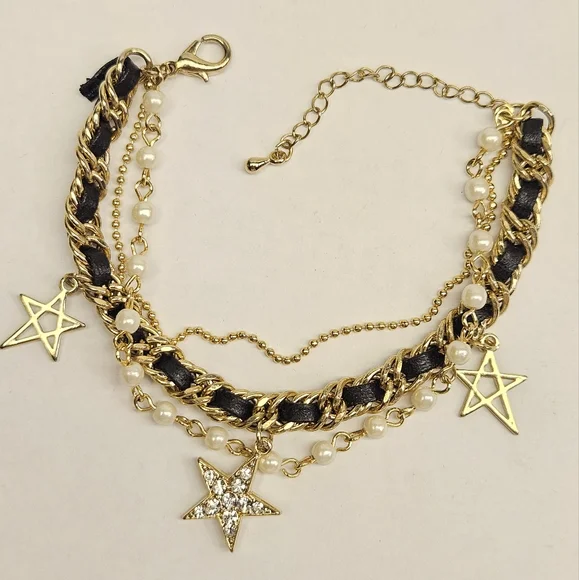 Goldtone Triple Strand Star Charm Bracelet - Picture 4 of 7